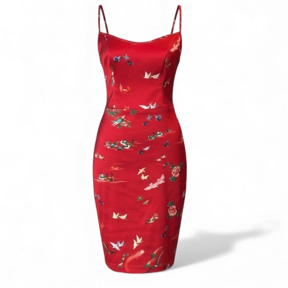 Wheels And Dollbaby Dresses & Skirts - Wheels & Dollbaby Red Satin Bird & Floral Print Bodycon Slip Dress AU 12 US 8